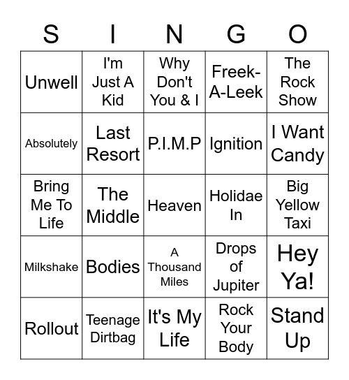 2000-2003 Hits Bingo Card