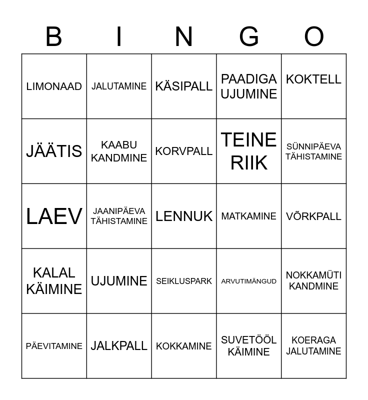 Minu suvi Bingo Card