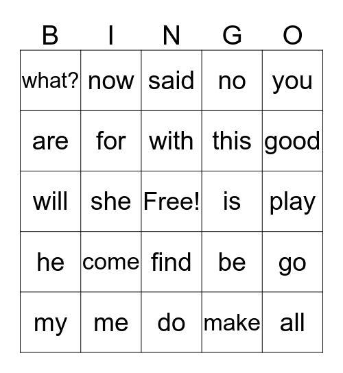 Kindergarten sightwords Bingo Card