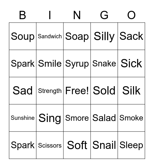 Initial S Bingo Card