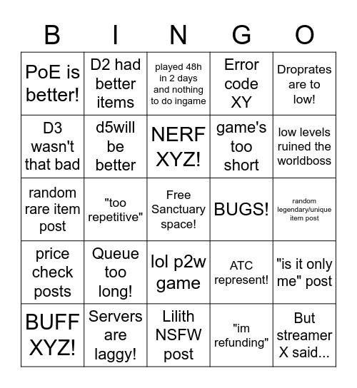 Diablo 4 reddit launch bingo! Bingo Card