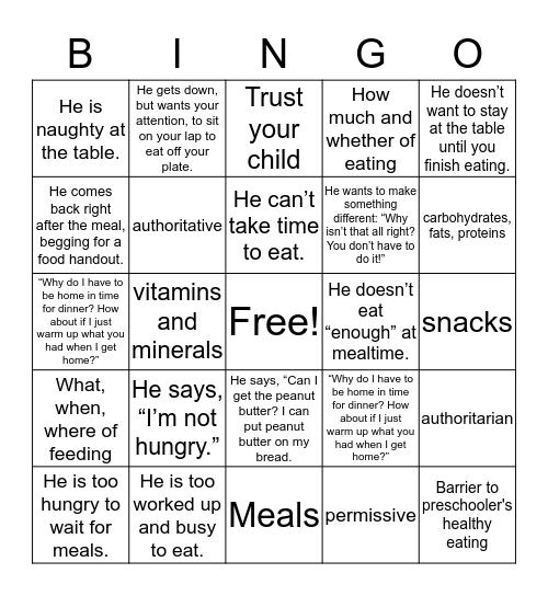 Mealtime Bingo Card
