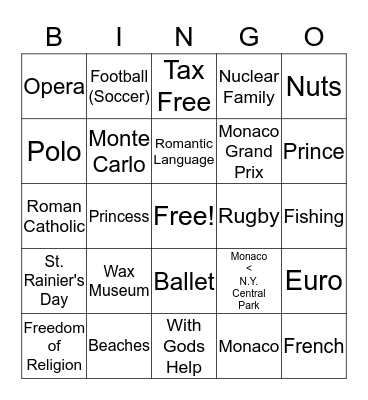 Monaco Bingo Card