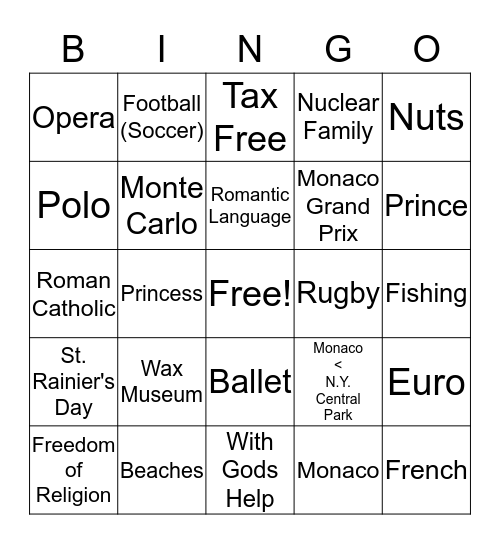 Monaco Bingo Card