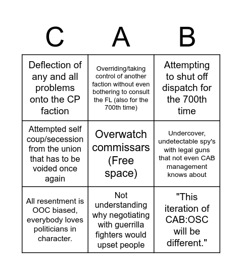 Cab can literally do no wrong Bingo Card