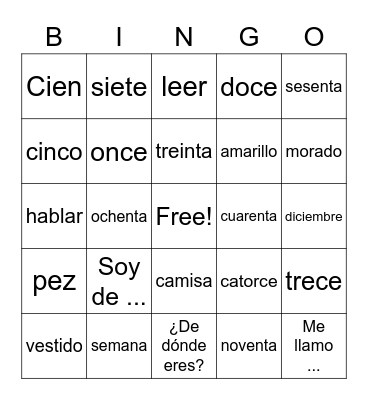 Spanish 1A review Bingo Card