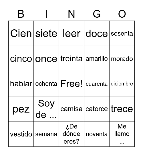 Spanish 1A review Bingo Card