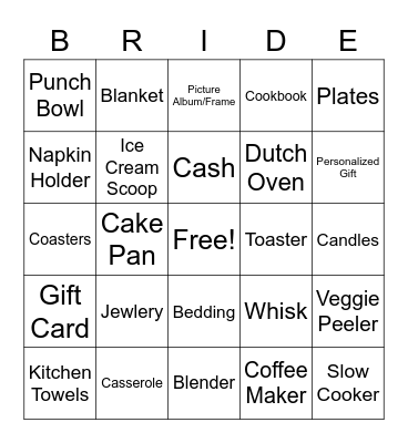 Bridal Bingo Card