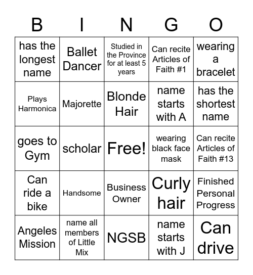 Bonifacio 3rd Ward YSA Bingo Card