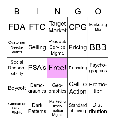 Intro to Business - Marketing Bingo Card