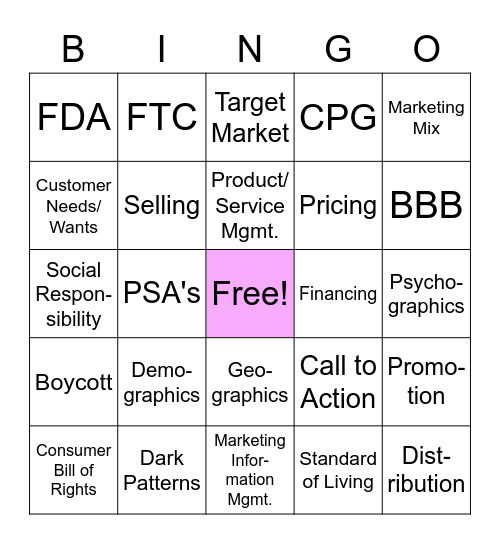 Intro to Business - Marketing Bingo Card