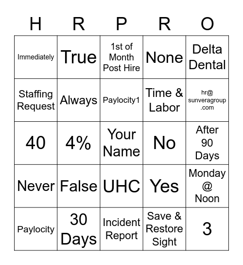 HR PRO GAME Bingo Card