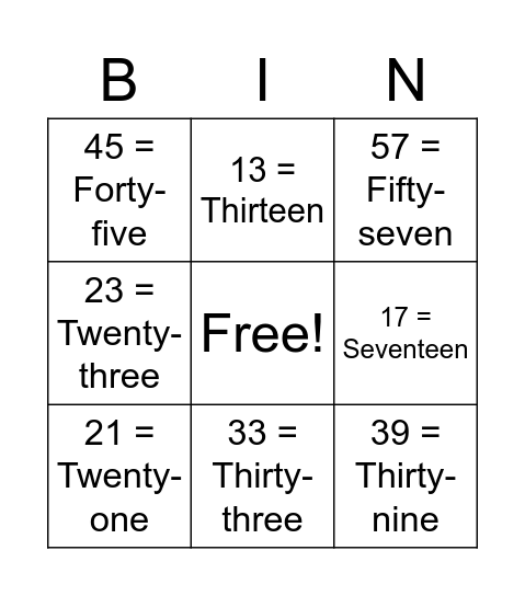 11 - 100 Numbers Bingo Card