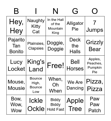 Second Grade Song Bingo Card