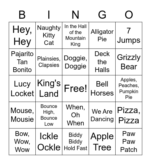 Second Grade Song Bingo Card