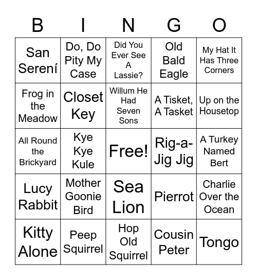 First Grade Song Bingo Card