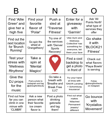 STRENGTH IN THE CITY festival BINGO - visit all the vendors and complete a BINGO for a prize. Redeem your prize at the STRENGTH IN THE CITY tent. Bingo Card