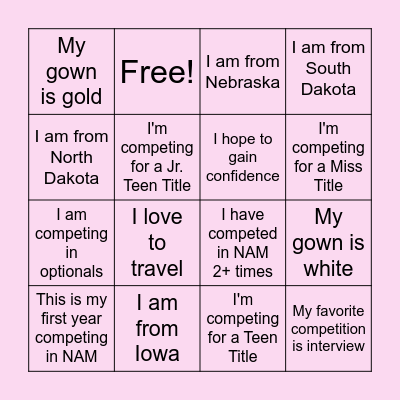 National American Miss BINGO Card