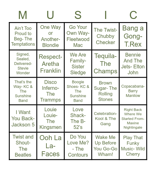 Oldies Music Bingo! Bingo Card