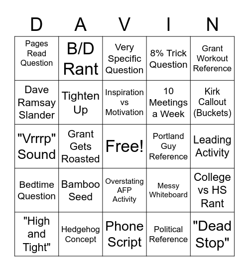 Davin Red Zone Bingo Card
