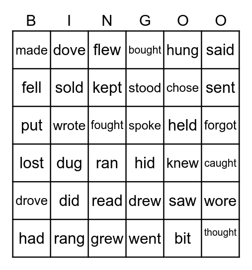 Simple Past Irregular Verbs Bingo Card