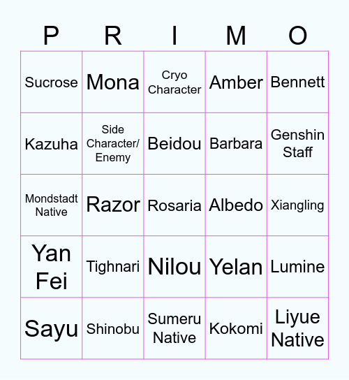 Spot the Genshin Bingo Card