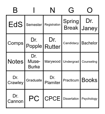 Psychology and Counseling Department Bingo Card