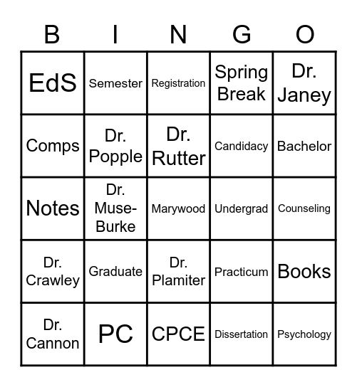Psychology and Counseling Department Bingo Card