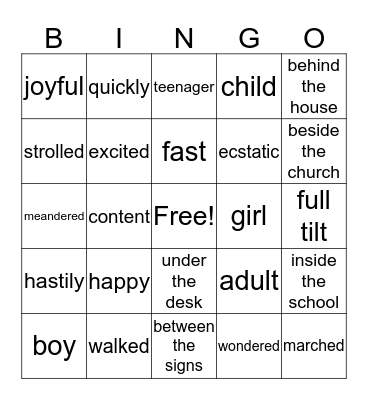 Parts of Speech Bingo Card