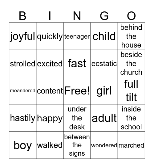 Parts of Speech Bingo Card