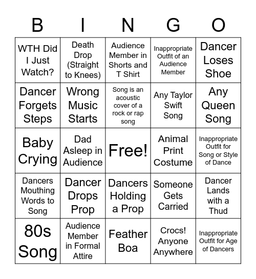 Dance Recital Bingo Card