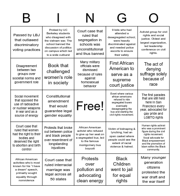 Civil Rights and Movements for change: 1950s-1970s Bingo Card
