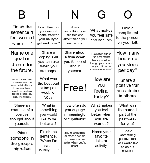 Mental Health Bingo Card