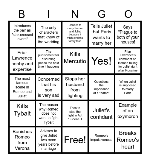 Romeo and Juliet Acts 1-3 Bingo Card