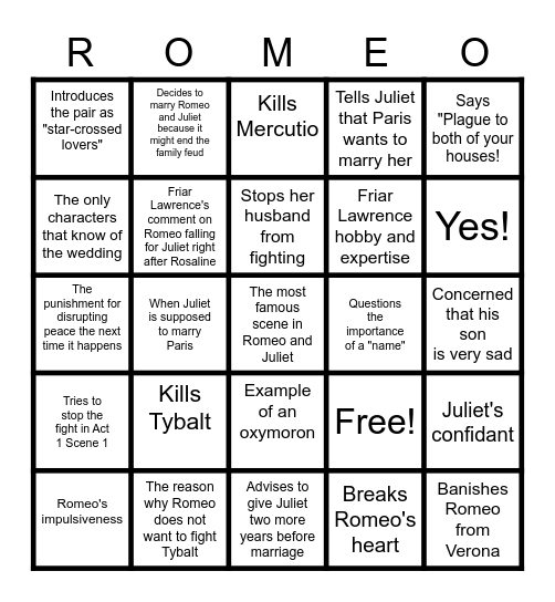 Romeo and Juliet Acts 1-3 Bingo Card