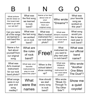 Rock Band Quiz Bingo Card