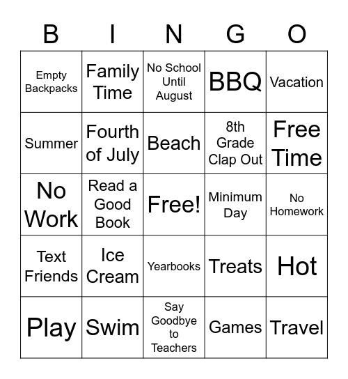 Last Day of School Bingo Card