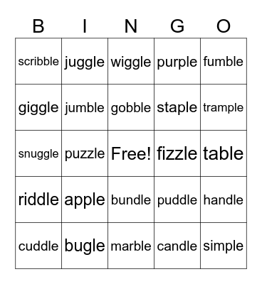 -consonant+le Bingo Card