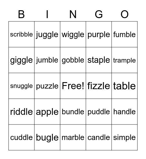 -consonant+le Bingo Card