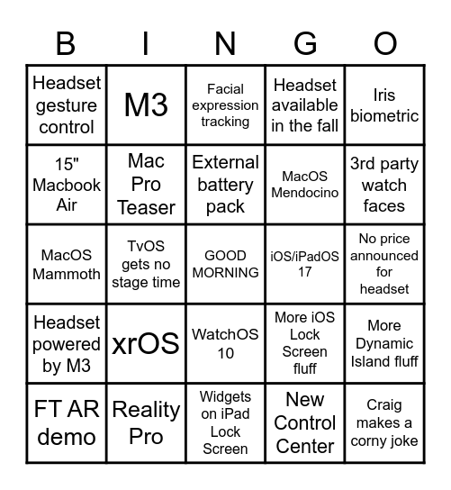 WWDC 2023 Bingo Card