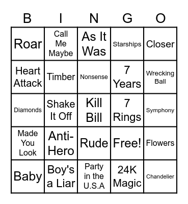 Music Bingo- Pop Edition Bingo Card