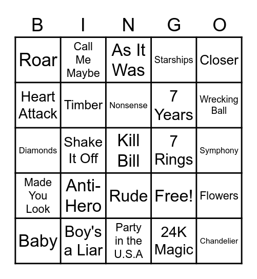 Music Bingo- Pop Edition Bingo Card