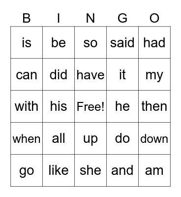 Heart Word Bingo Card