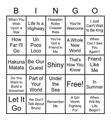 Music Bingo- Disney Edition Bingo Card