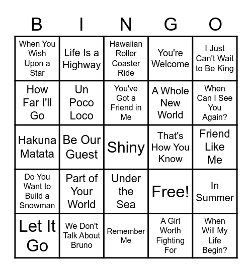 Music Bingo- Disney Edition Bingo Card
