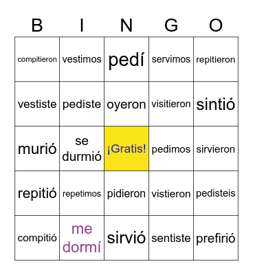 Stem changing verbs in the preterite Bingo Card