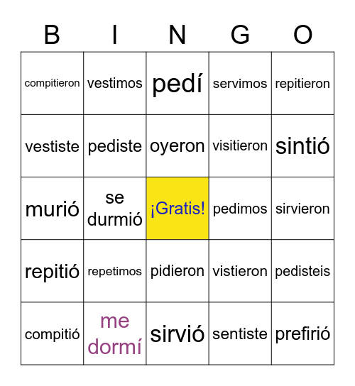 Stem changing verbs in the preterite Bingo Card