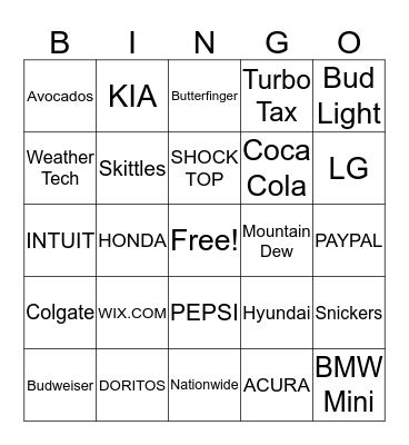 SUPER BOWL COMMERCIAL BINGO Card