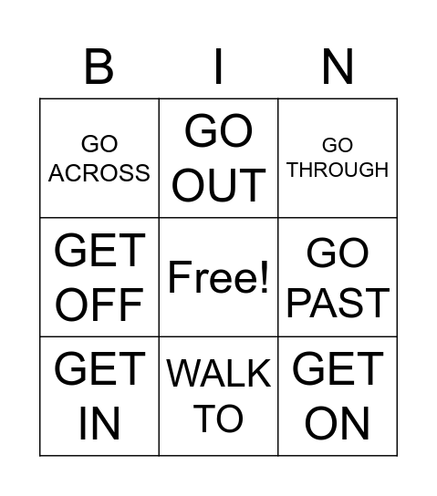 PREPOSITIONS OF MOVEMENT Bingo Card