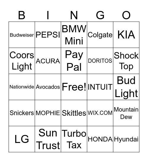 SUPER BOWL COMMERCIAL BINGO Card
